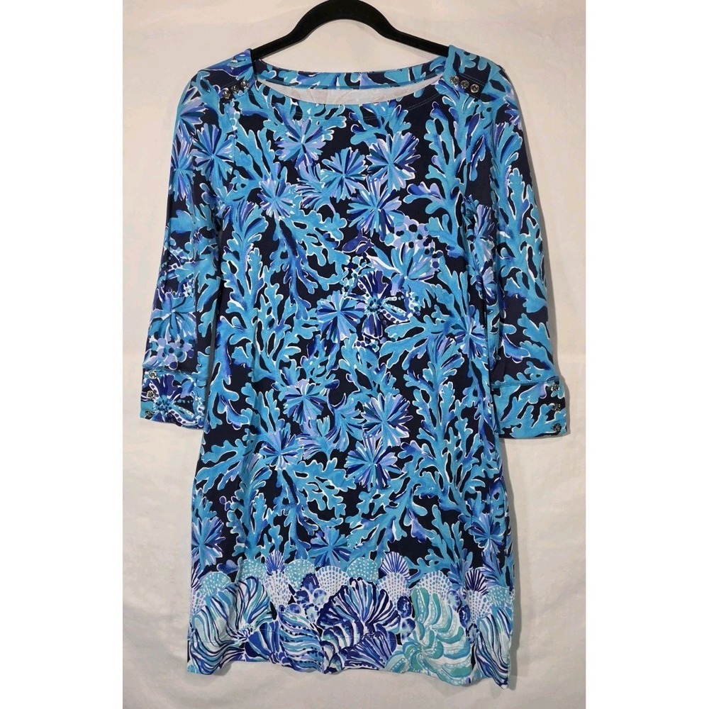 Lilly Pulitzer Sophie Dress XS UPF 50+ Indigo Print White Blue Shells Coral Reef